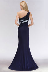 Simple Mermaid One-Shoulder Navy Bridesmaid Dresses with Slit-27dress
